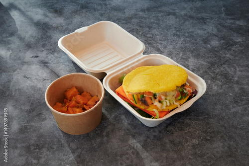 A taco is in a box with a side of vegetables. The taco is yellow and has a green leaf on it