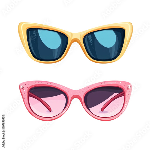 Obraz na płótnie Two pairs of stylish sunglasses yellow and pink shades summer fashion accessories w salonie