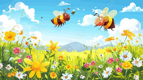 Cute cartoon spring landscape with flowers sunshine and flying bees collecting pollen in colorful field under sunny blue sky