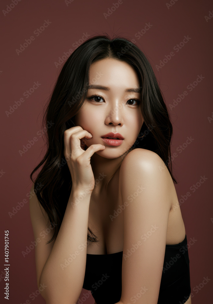 Fototapeta premium Portrait of a Beautiful Young Asian Woman with Smooth Skin and Long Wavy Hair, Wearing a Black Top Against a Maroon Background. Ideal for Beauty, Fashion, and Skincare Advertising.