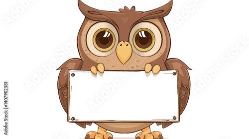 Cute happy owl cartoon holding blank sign with wide eyes feathers smiling character perfect for message notes banner and kids art