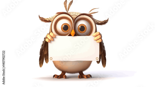 Cute happy owl cartoon holding blank sign with wide eyes feathers smiling character perfect for message notes banner and kids art