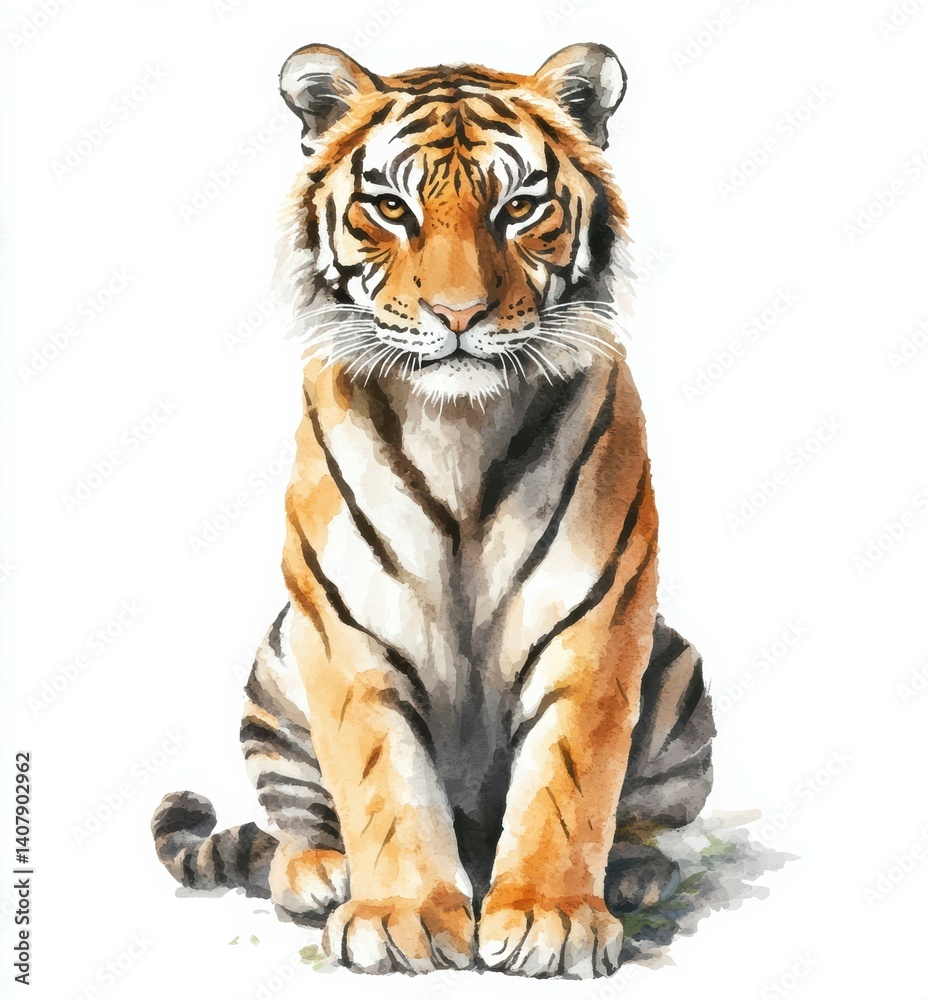 Obraz premium Realistic tiger illustration showcasing detailed fur textures in a calm seated posture against a white background
