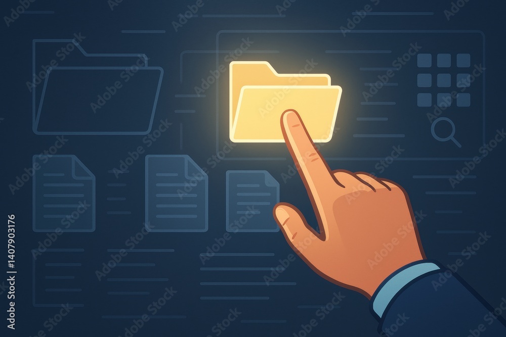 Digital Filing: A hand selects a glowing folder from a digital interface, representing file management and data organization in a clean, modern design. Digital Filing: A hand selects a glowing folder from a digital interface, representing file management and data organization in a clean, modern design.