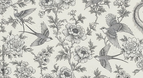 Elegant Monochrome Floral & Bird Wallpaper Design AI Generated