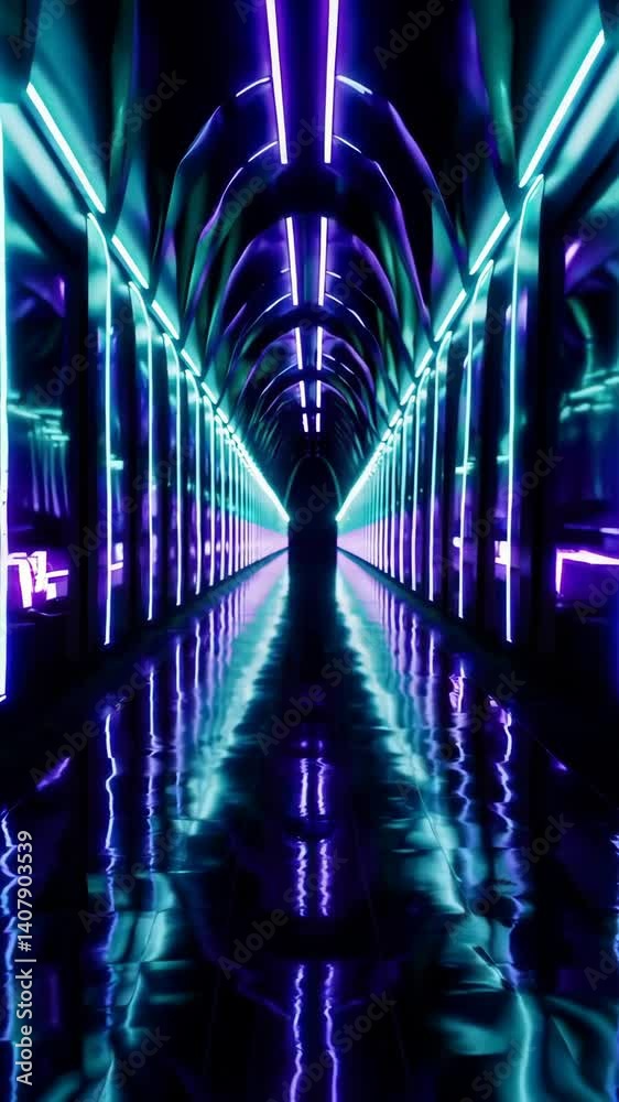 Futuristic neon tunnel with symmetrical reflections and dynamic light effects