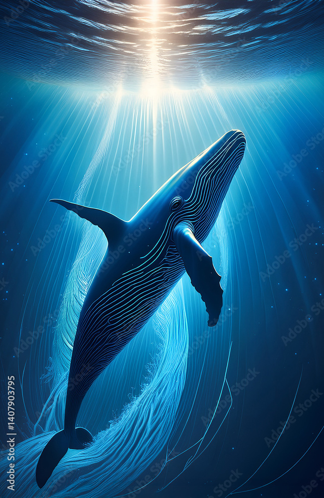 Naklejka premium Ilustración Vertical de Silueta de Ballena Azul Brillante