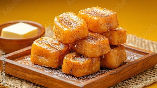 Delicious fried sweet potato cubes on a wooden plate with butter.