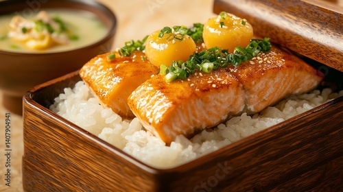 Delicious grilled salmon served on rice in a traditional wooden bento box.