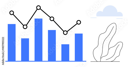Bar chart with points connected by a line graph, showcasing statistical data. Minimalist plant, cloud nearby. Ideal for analytics, data presentation, economy, business, growth tracking finance