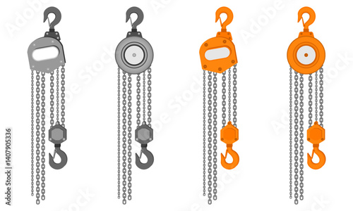 set of manual hoist, manual lifting construction chain block. vector illustration isolated on white background.