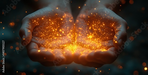 Healing Energy Transmission and Connection Through Cupped Hands with Quantum Light on Ethereal Background