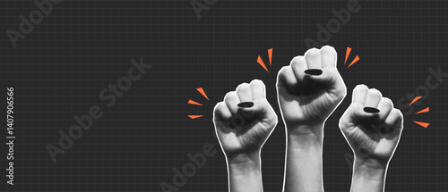 Collage with halftone raised fist up. Female hands in fist gesture - raised up. Concept of  feminism, girl's rights, protest or demonstration. Collage design with halftone effect. Vector.