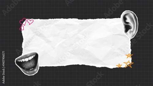 Halftone collage banner with female mouth speaks into ear and torn crumpled paper empty banner with space for text. Halftone advertising poster with collage elements. Vector.