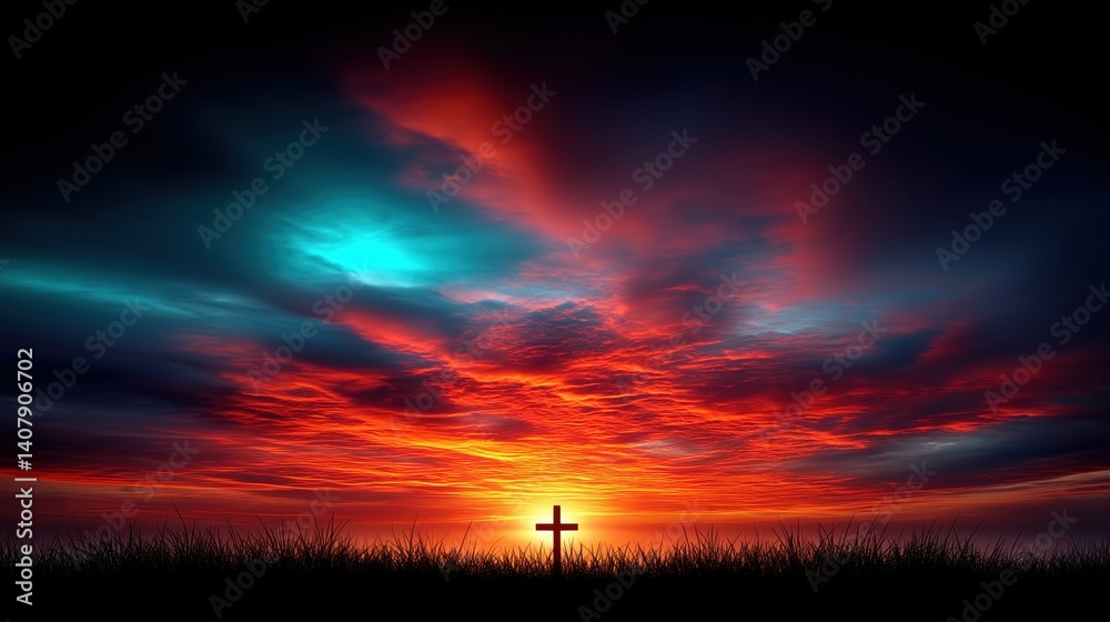 Fototapeta premium A majestic cross stands silhouetted against a vibrant, fiery sunset sky on a hilltop, creating a breathtaking and spiritual scene of hope and faith.