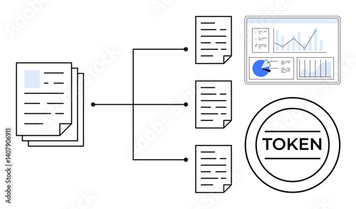 Multiple documents split into subsets, connected to an analytics dashboard and token system. Ideal for data organization, blockchain integration, workflow, analytics, finance, decentralization