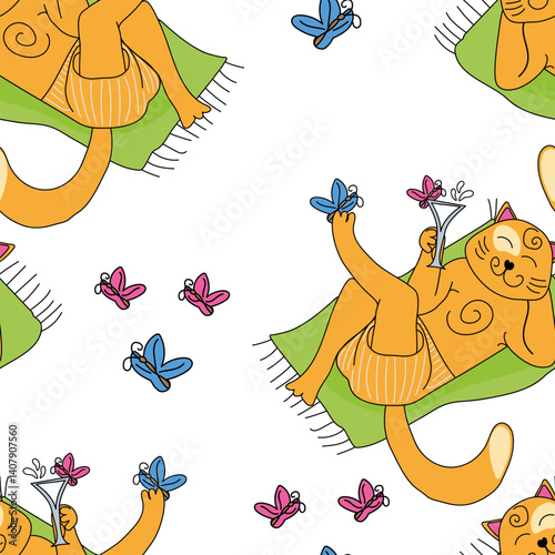 Seamless pattern cat sunbathing with milkshake and butterflies