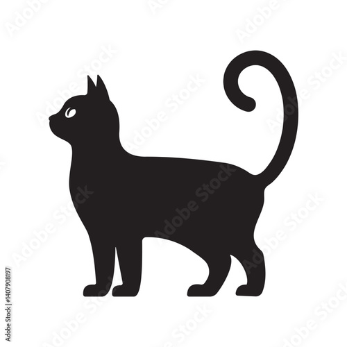 Black silhouette of a cat in a standing pose with tail curled. Perfect for pet-related designs, Halloween themes, and minimalist animal graphics.