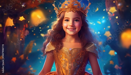 Fairy Tale Masquerade Radiant Young Princess in Enchanting Masquerade Dress at Carnival Magic Costume Party, Bringing Vibrant Fantasy to Life in the Twilight Hour