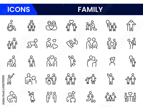 Charming vector line icon set illustrating family life—parents, children, love, and connection. Perfect for parenting, relationships, healthcare, or community-focused web and mobile applications.