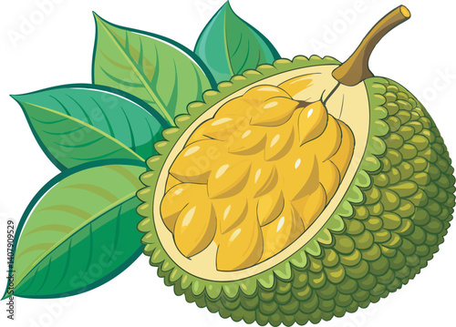 A vibrant and detailed vector art illustration of a beautiful jackfruit, showcasing its unique texture, rich color, and tropical appeal.