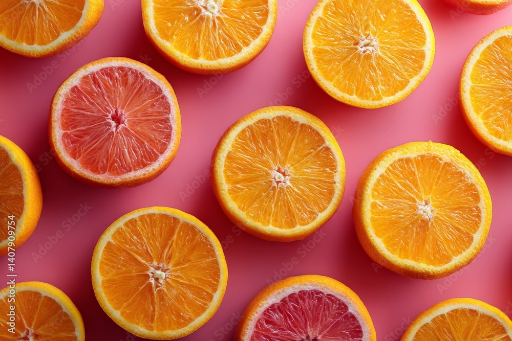 Brightly colored citrus slices arranged on a pink background create a vibrant and fresh display in a kitchen setting Brightly colored citrus slices arranged on a pink background create a vibrant and fresh display in a kitchen setting