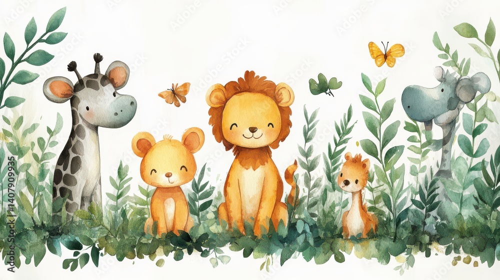 Naklejka premium cute cartoon safari zoo,animal frame border on background in watercolor style,stock image