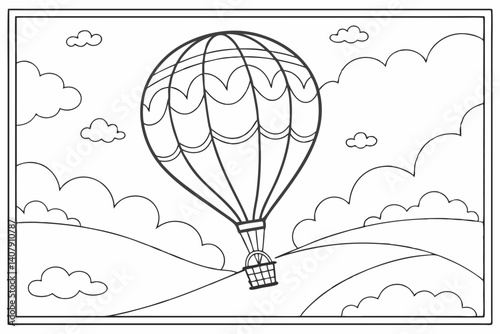 Coloring Pages, A hot air balloon flying among the clouds, colorless, black and white