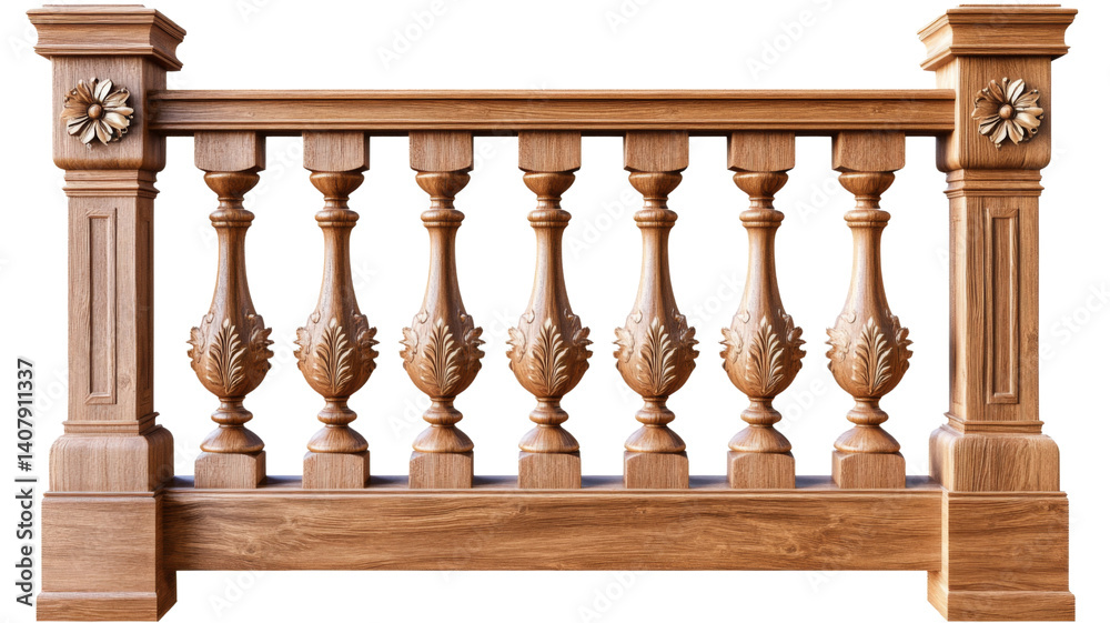 Fototapeta premium Classic wooden balustrade with carved floral details on transparent background