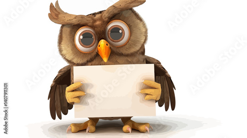 Cute happy owl cartoon holding blank sign with wide eyes feathers smiling character perfect for message notes banner and kids art