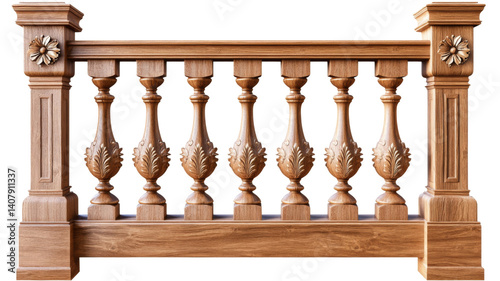 Classic wooden balustrade with carved floral details on transparent background