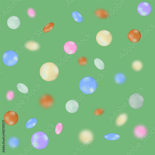 Vector Colorful chocolate candies, multicolored glazed chocolate falling isolated on green background. Falling candied fruit,selective focus.