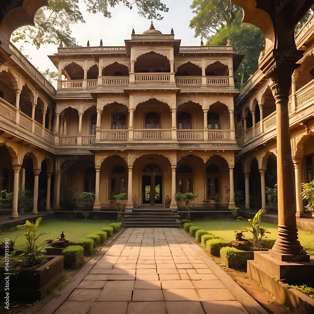 Obraz premium A historic Bengali mansion with ornate architecture, including large courtyards, traditional wooden carvings, and lush gardens.
