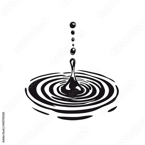 Abstract Water Drop Impact Ripples and Falling Droplets in Monochrome