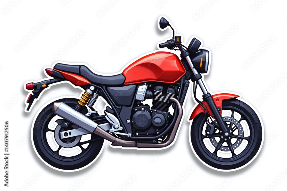 Red motorcycle sticker showing detailed design from the side. Features modern components and vibrant colors, ideal for design projects Red motorcycle sticker showing detailed design from the side. Features modern components and vibrant colors, ideal for design projects