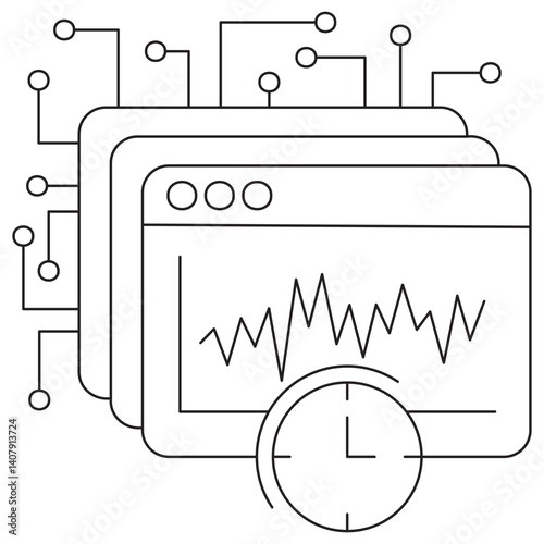 Icon of AI time series analysis, representing data forecasting and predictive analytics. Editable thin black lines on a transparent. Scalable vector illustration with customizable line thickness