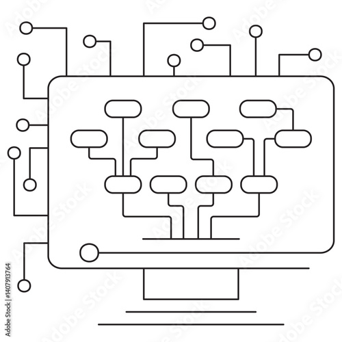 Icon of decision tree in artificial intelligence and machine learning, representing hierarchical data structure. Thin black editable lines, outline pictogram in minimal clean style