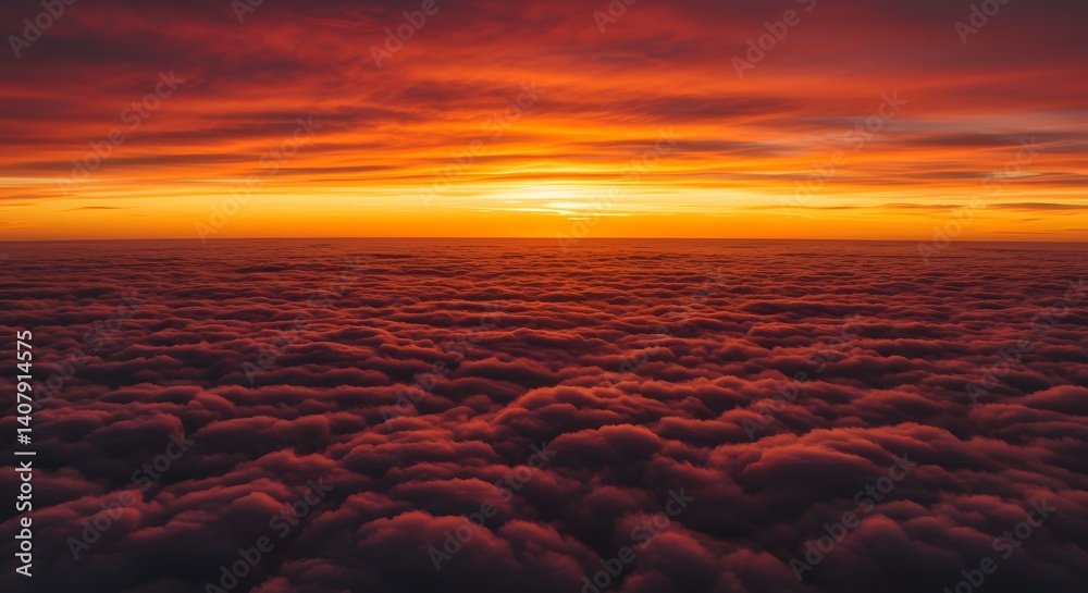 Fiery Sunset Above a Sea of Clouds: An Aerial Panorama Fiery Sunset Above a Sea of Clouds: An Aerial Panorama