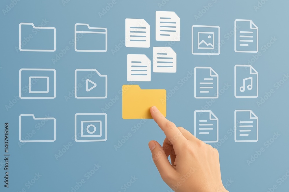 Digital Management: A modern visual, a hand selects a file folder on a screen, representing organization, and accessibility, a seamless interface for seamless digital operation Digital Management: A modern visual, a hand selects a file folder on a screen, representing organization, and accessibility, a seamless interface for seamless digital operation