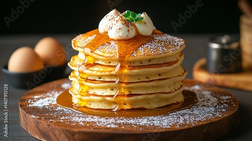Stack of fluffy pancakes drizzled with syrup and topped with cream on a wooden plate.