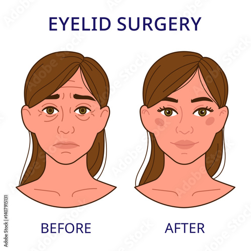 Woman showing results of eyelid surgery with reduced wrinkles and lifted eyelids Before and after. Blepharoplasty concept,cosmetic surgery web, patient education, aesthetic clinic.Vector illustration
