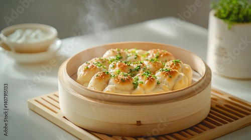 Steamed dumplings in a bamboo basket on a wooden tray, garnished with herbs.