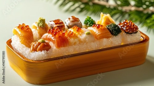 Sushi platter in elegant wooden presentation on a soft background.