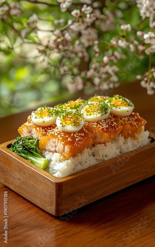 Sushi dish with salmon, eggs, and garnish served in a wooden bowl.