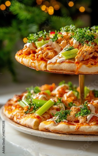 Two-tiered pizza display with fresh toppings on a festive background.