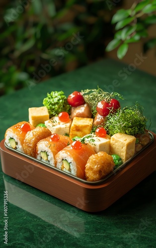 A beautiful assortment of sushi arranged in a decorative box.