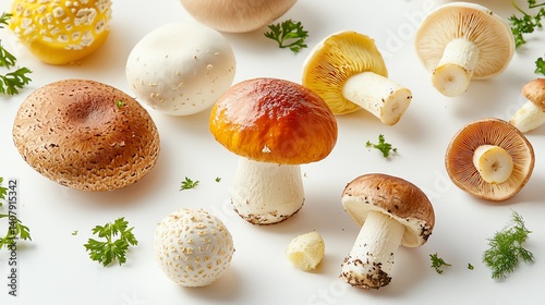Variety of mushrooms on a white isolated background with fresh herbs.