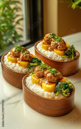 Three wooden bowls filled with rice, vegetables and savory meat on a table.