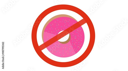 No donut icon. Unhealthy food ban in cartoon animation. Prohibited sweet restriction symbol. Alpha channel. Seamless looping.