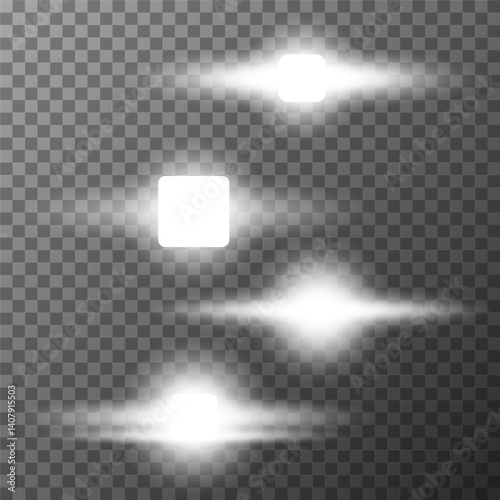 Four different glowing elements, on a transparent background, a square light source with horizontal rays, with soft diffusion, to create lighting effects, glare and shine in the design. Vector illustr